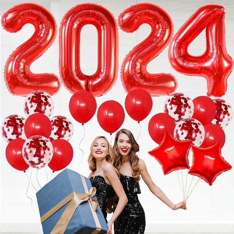 24pc Red Year Theme Party Balloons Set - Number & Sequin Balloons