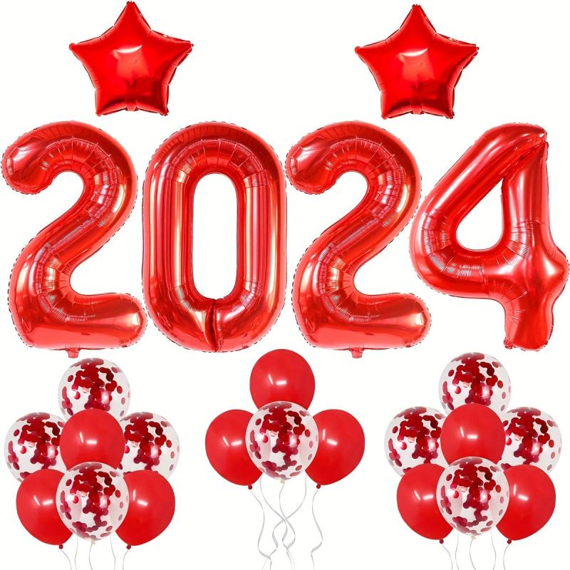 24pc Red Year Theme Party Balloons Set - Number & Sequin Balloons