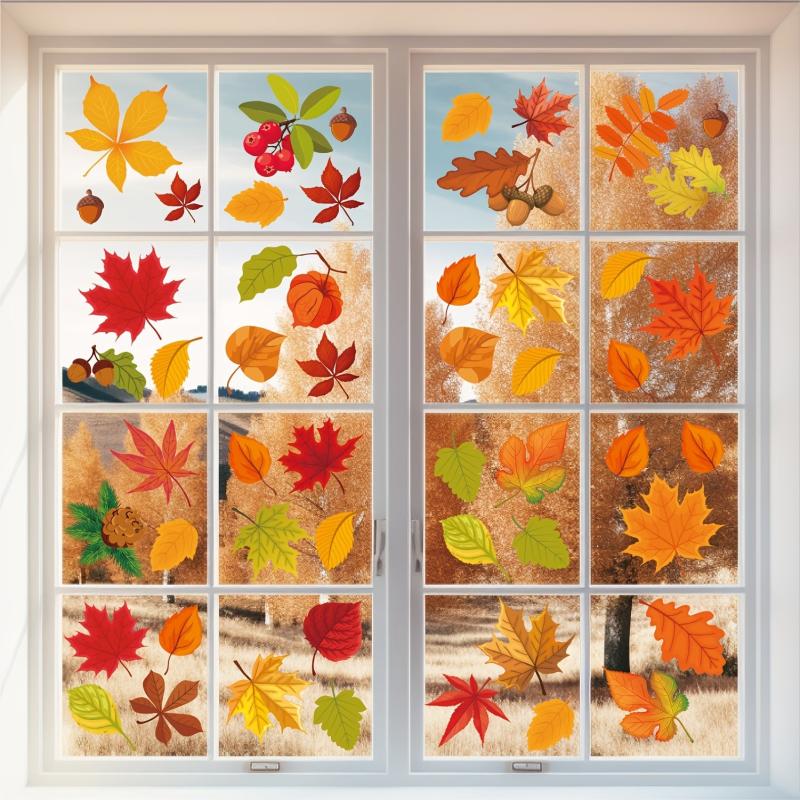 64pcs 6 Sheets Fall Window Stickers Leaf Thanksgiving Glass Stickers