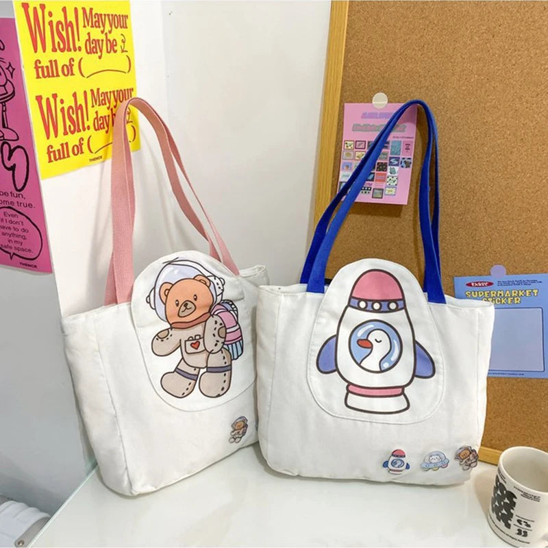 Cartoon Print Canvas Shoulder Bag for Women Reusable Totes