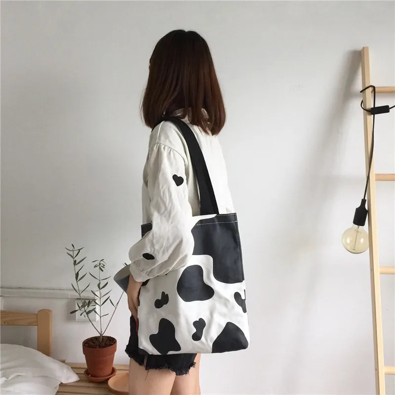 Cow Pattern Shopping Bag Harajuku Sweet Girls Casual Totes Large Shoulder