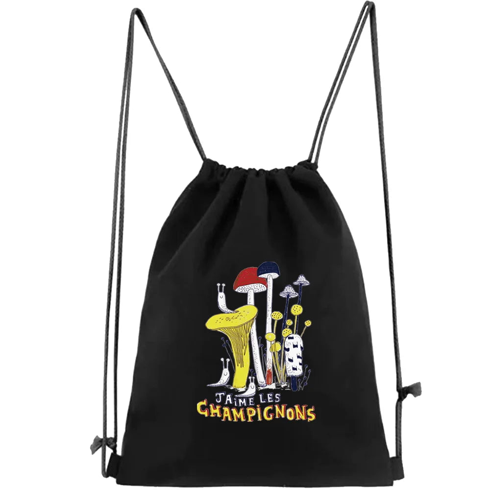 Canvas Drawstring Backpack Gym Bag Mushroom Pattern String Shoulders