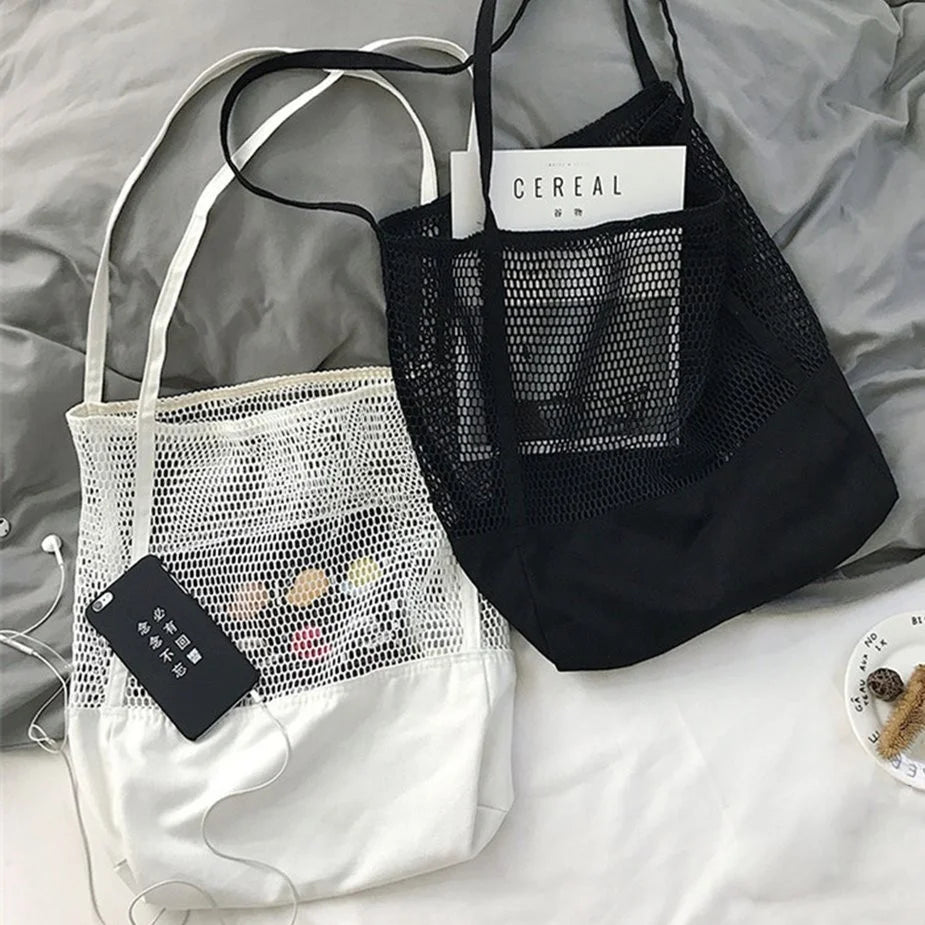 Canvas Multifunction Bag Hollow Mesh Large Capacity Shoulder Bag