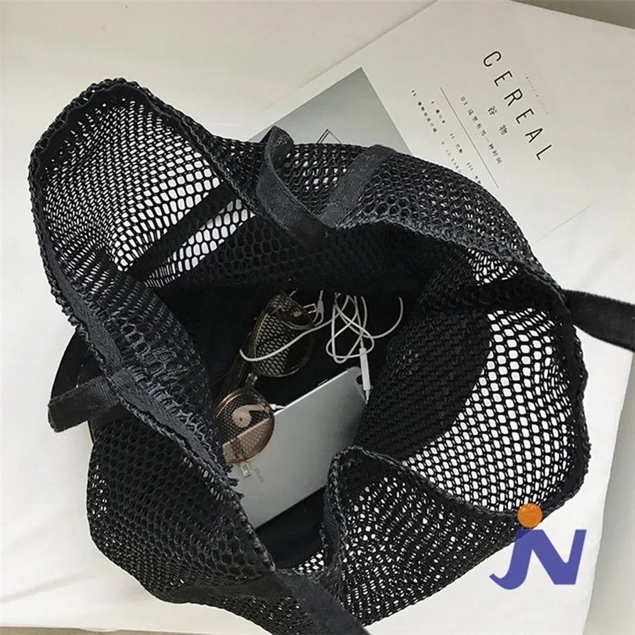 Canvas Multifunction Bag Hollow Mesh Large Capacity Shoulder Bag