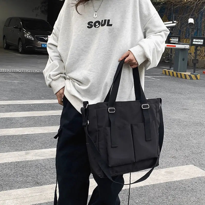 Canvas Shoulder Bags Solid Unisex School Book Bag Large Capacity Water-proof