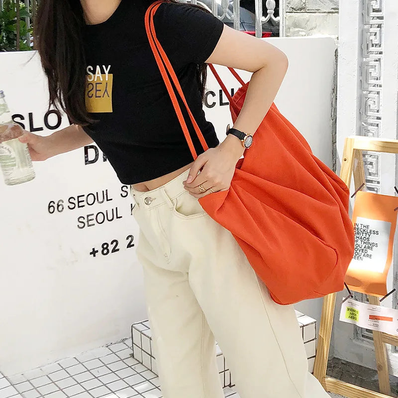Canvas Shoulder Bags Women Solid Large Capacity Tote Bag Shopping Travel