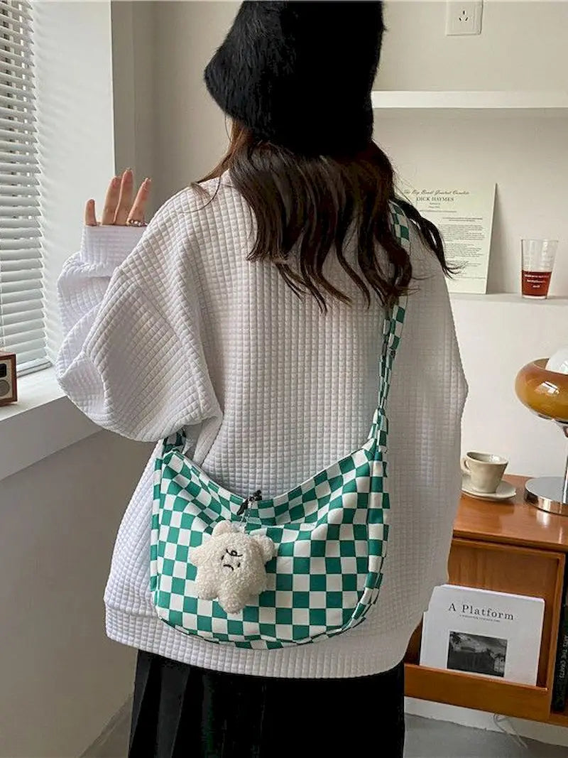 Checkerboard Grid Tote Bag Vintage Large Capacity Shopper Shoulder Bag