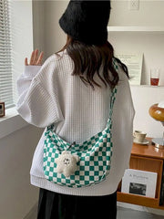 Checkerboard Grid Tote Bag Vintage Large Capacity Shopper Shoulder Bag