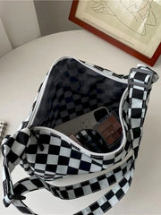 Checkerboard Grid Tote Bag Vintage Large Capacity Shopper Shoulder Bag