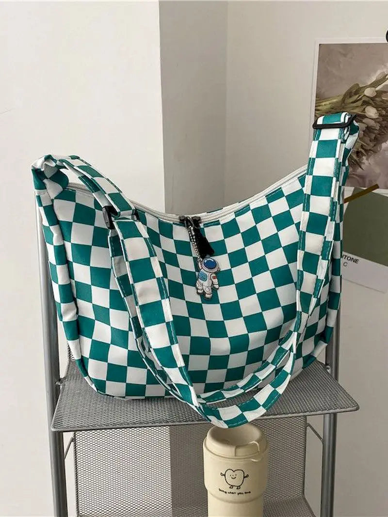 Checkerboard Grid Tote Bag Vintage Large Capacity Shopper Shoulder Bag