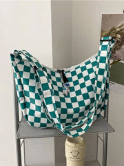 Checkerboard Grid Tote Bag Vintage Large Capacity Shopper Shoulder Bag