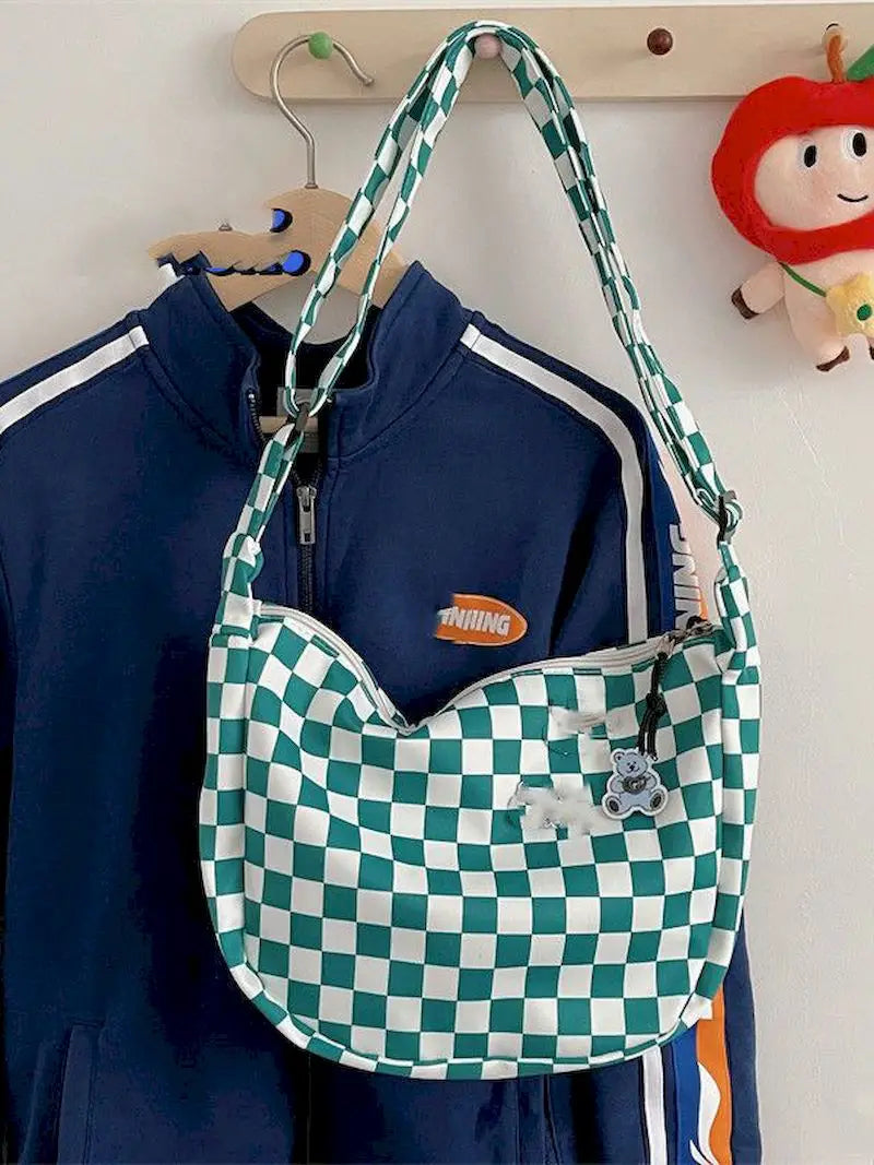 Checkerboard Grid Tote Bag Vintage Large Capacity Shopper Shoulder Bag