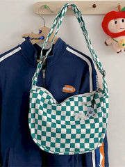 Checkerboard Grid Tote Bag Vintage Large Capacity Shopper Shoulder Bag
