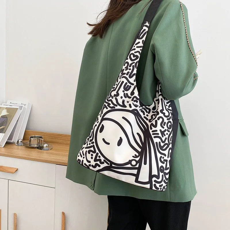 Japanese Anime Print Canvas Tote Bag Women Shopper Bag Girl Shoulder Handbag