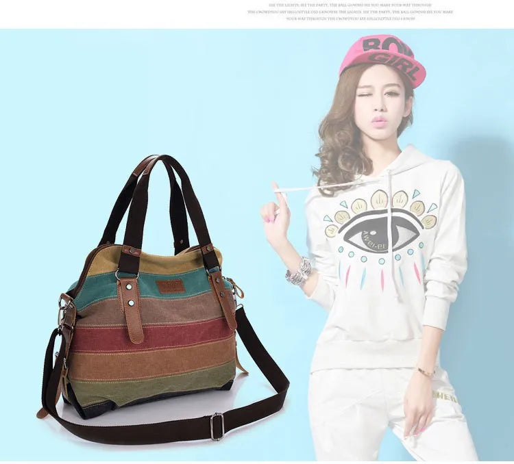 Canvas Striped Womens Handbag Rainbow Shoulder Bag