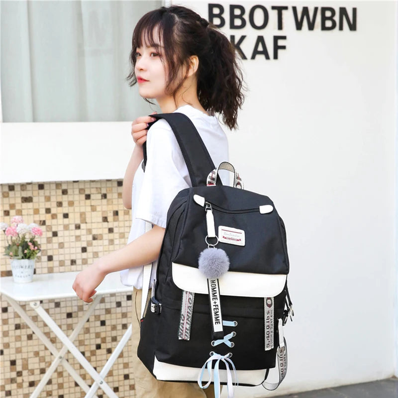 Canvas USB Chargeable School Bags For Girls Teenagers Backpack Bookbags