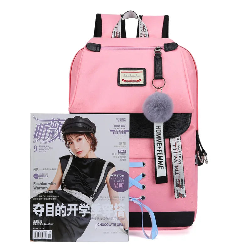 Canvas USB Chargeable School Bags For Girls Teenagers Backpack Bookbags