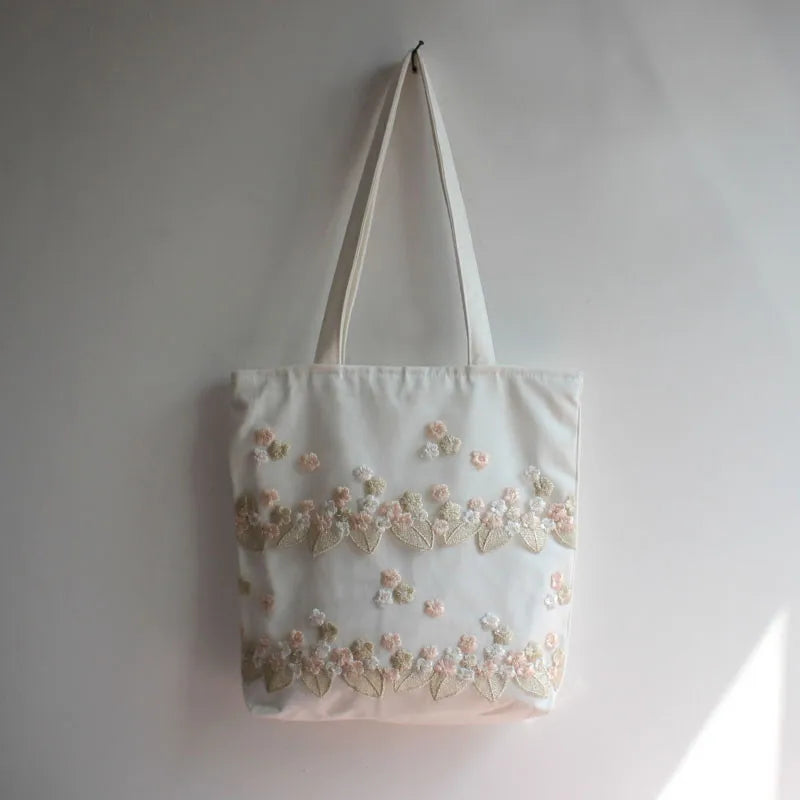 Lace Canvas Shoulder Bag Embroidery Flower Tote Beach Bag