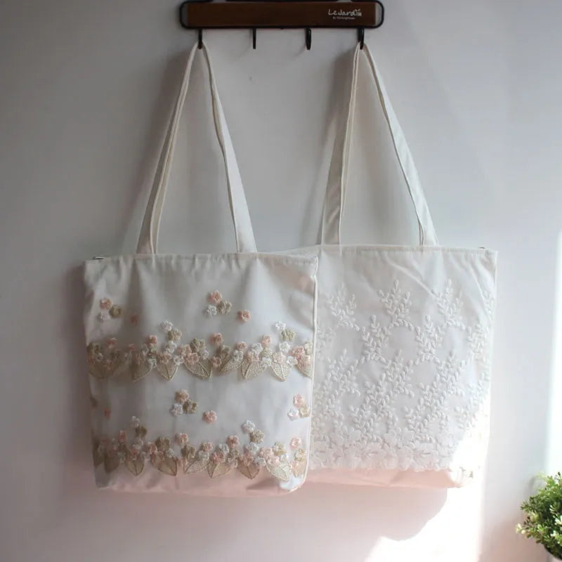 Lace Canvas Shoulder Bag Embroidery Flower Tote Beach Bag