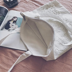 Lace Canvas Shoulder Bag Embroidery Flower Tote Beach Bag