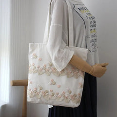 Lace Canvas Shoulder Bag Embroidery Flower Tote Beach Bag