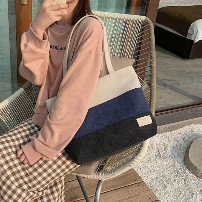 Canvas Women Shoulder Bag Female Student Panelled Shopper Bag