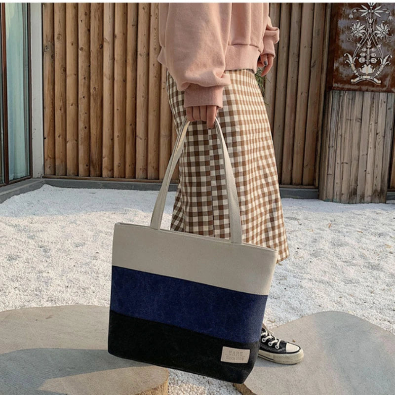 Canvas Women Shoulder Bag Female Student Panelled Shopper Bag