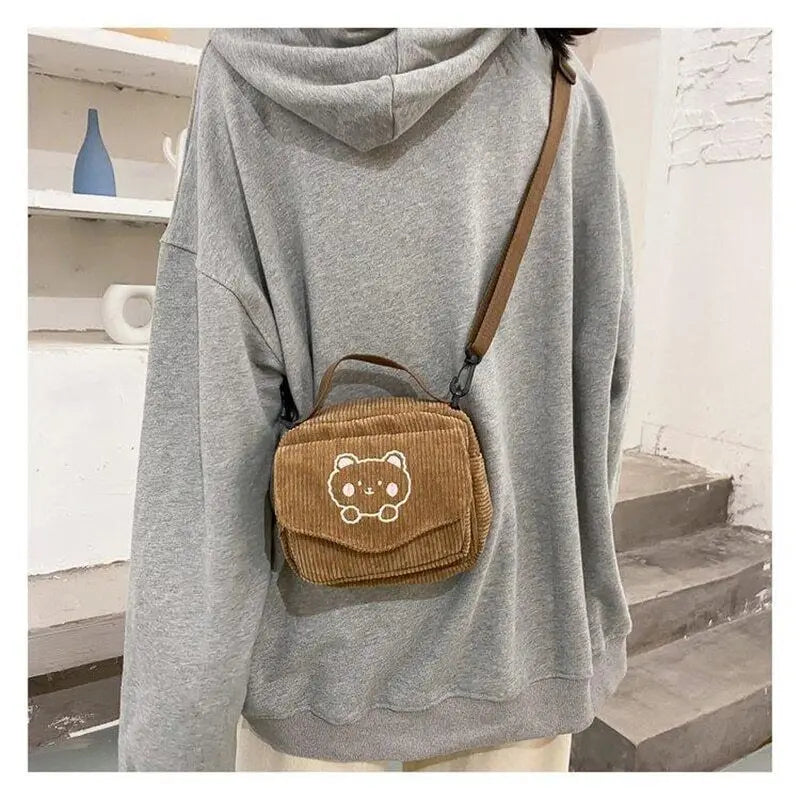 Preppy Style Student Tote Corduroy Bag Embroidery Girl Bear Shoulder Bag