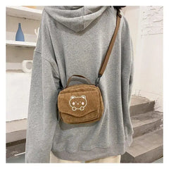 Preppy Style Student Tote Corduroy Bag Embroidery Girl Bear Shoulder Bag