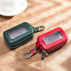 Leather Car Key Holder Double Zipper Square Key Case