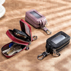 Leather Car Key Holder Double Zipper Square Key Case Men Women