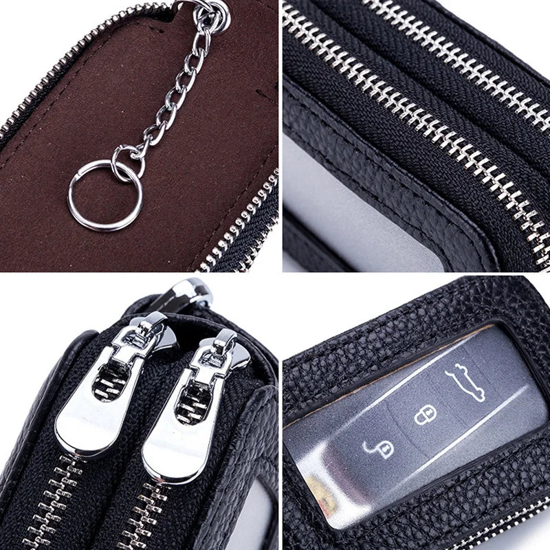 Leather Car Key Holder Double Zipper Square Key Case Men Women