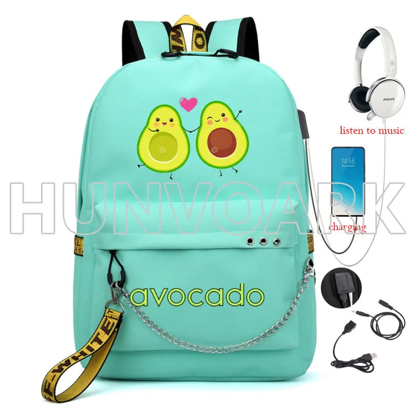 Cartoon Avocado Backpack for Teenage Girls USB School Bag