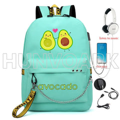 Cartoon Avocado Backpack for Teenage Girls USB School Bag