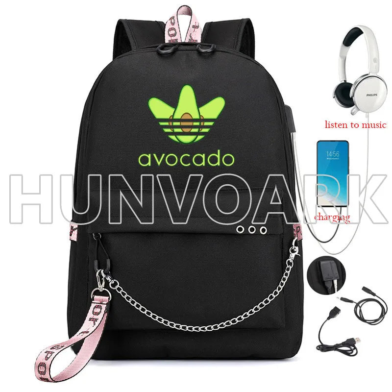 Cartoon Avocado Backpack for Teenage Girls USB School Bag