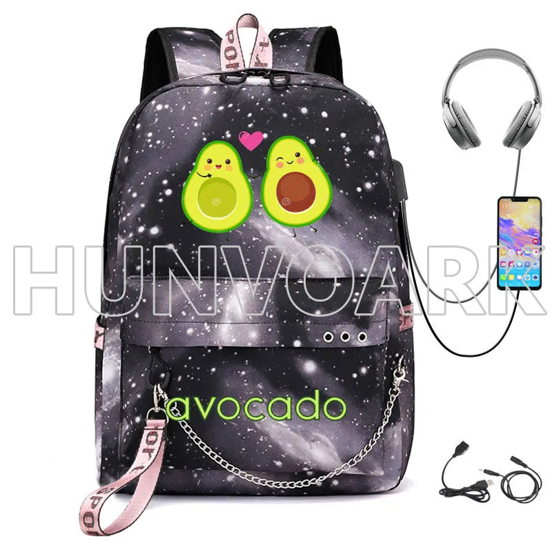 Cartoon Avocado Backpack for Teenage Girls USB School Bag