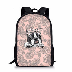 Bulldog Floral Pattern School Bag for Girls