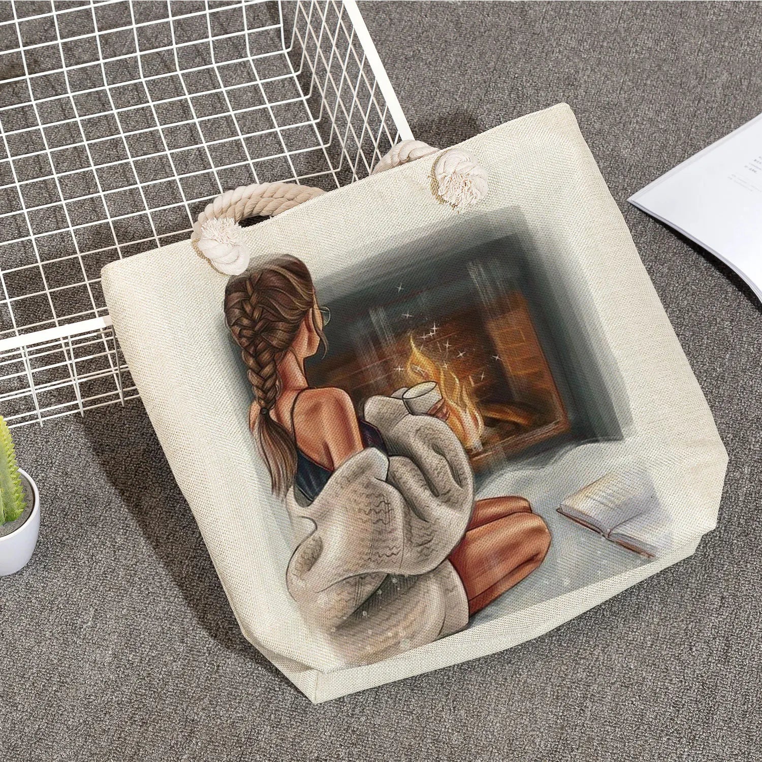 Cartoon Coffee Girl Print Handbag Thick Rope Shoulder Bag