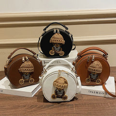 Bear Round Crossbody Bag Vintage Leather Shoulder Bag