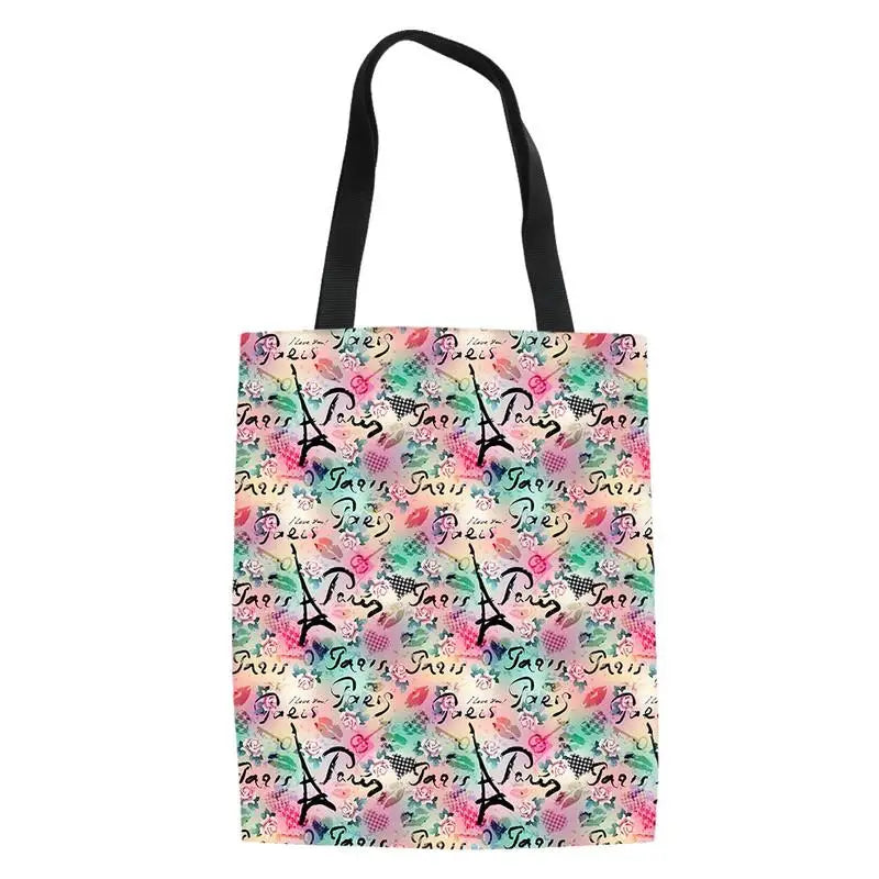 Eiffel Tower Women Handbag Folding Canvas Bag Shoulder Tote Book Bag
