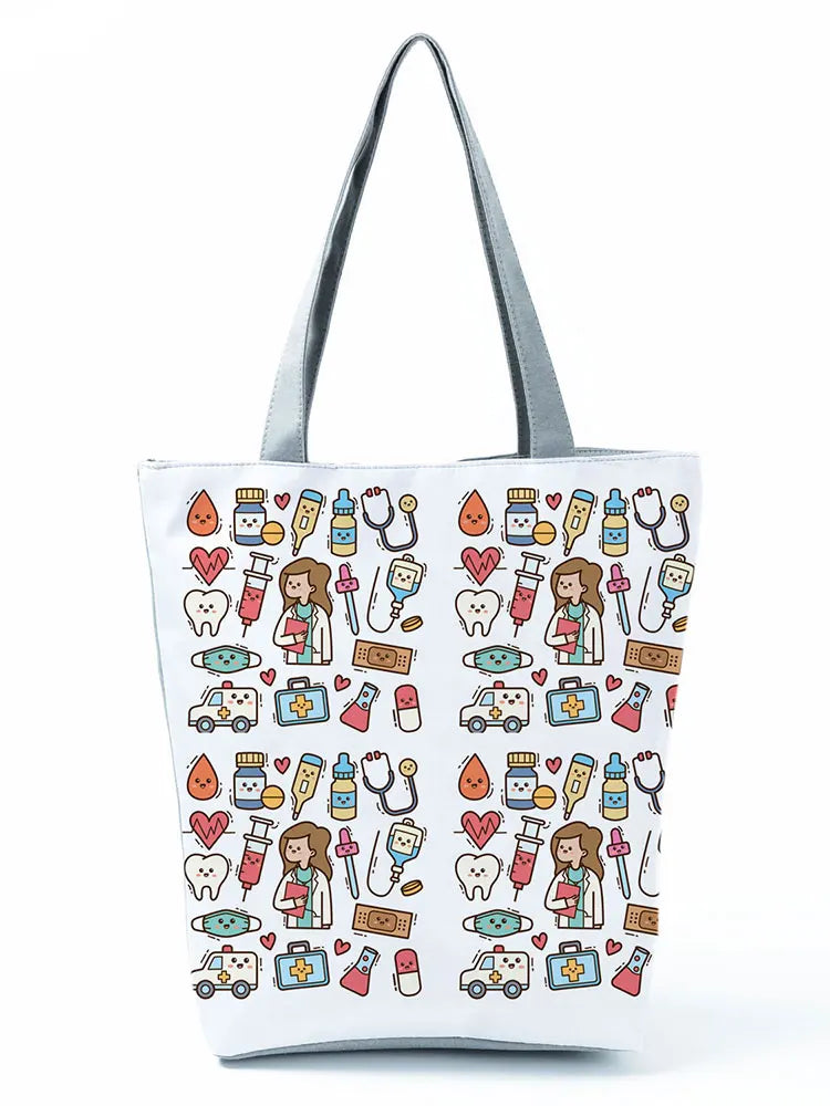 Cartoon Nurse Handbag Daily Reusable Portable Women Shopping Bag