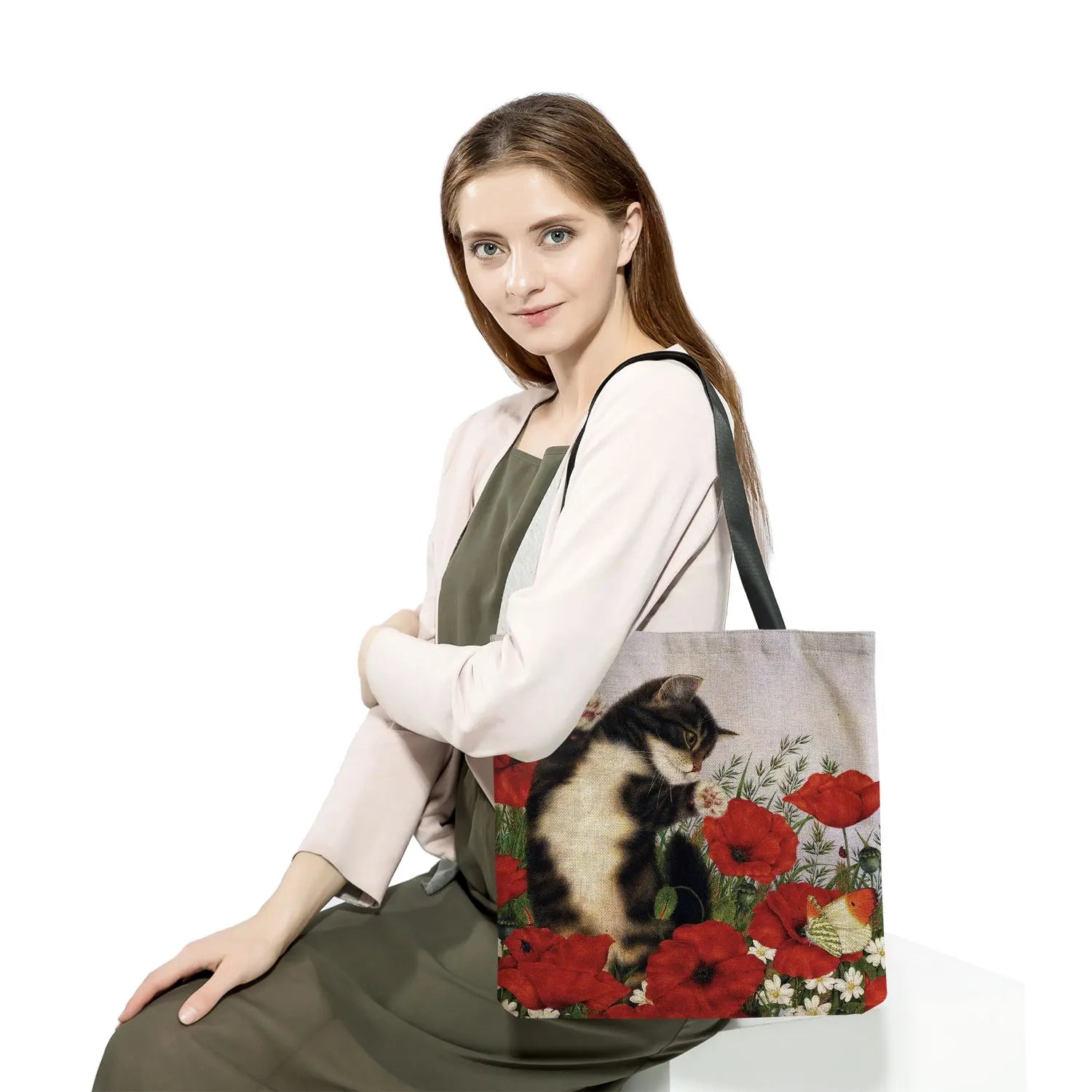 Cute Cat Flower Tote Bag for Women - High Capacity Beach Travel Handbag