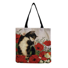 Cute Cat Flower Tote Bag for Women - High Capacity Beach Travel Handbag