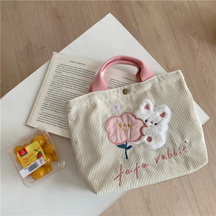 Embroidered Cartoon Rabbit Corduroy Shoulder Bag for Women Girls