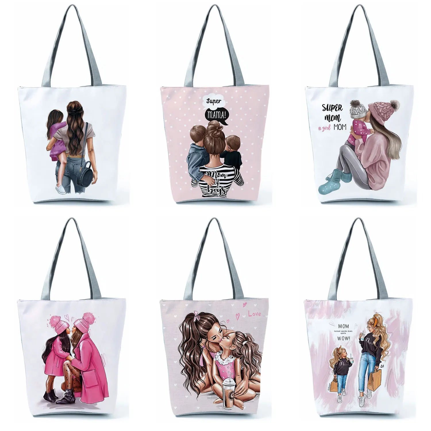 Cartoon Mama Print Tote Mom Baby Handbags Eco Shopping Bags