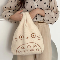 Totoro Embroidery Lamb Fabric Handbag for Women Girls