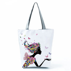 Cartoon Wishing Girl Print Large Women's Shopping Tote Bag Floral