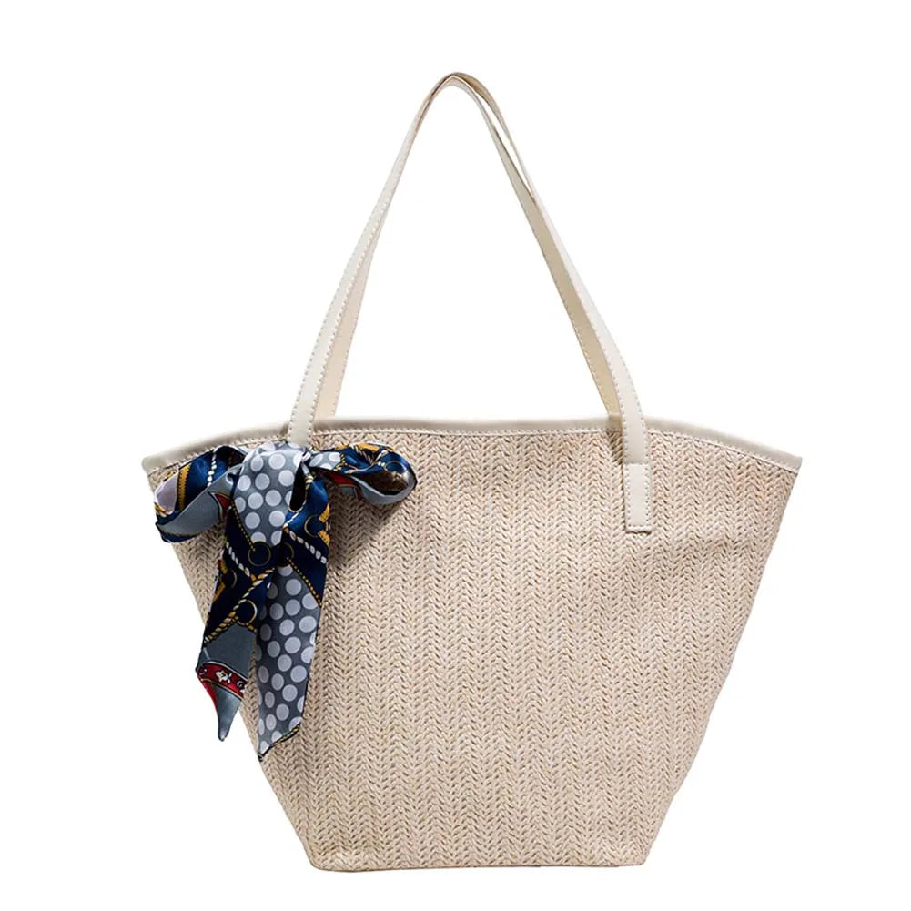 Beach Ribbon Straw Handbag Women Woven Tote Bag with Silk