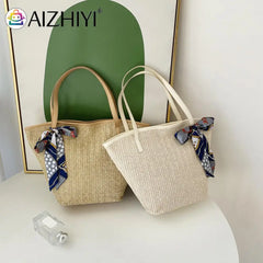 Beach Ribbon Straw Handbag Women Woven Tote Bag with Silk