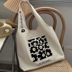College Girls Canvas Shoulder Bag Floral Print Pocket Tote